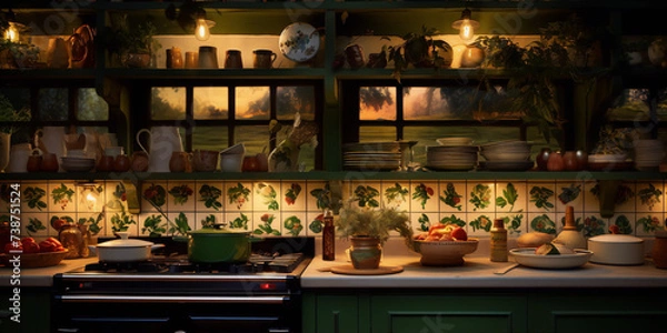 Fototapeta Rustic, vintage kitchen interior, with warm lighting and decorative elements.
