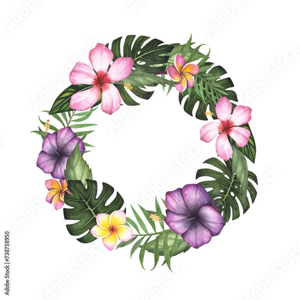 Obraz Wreath frame tropic leaf Monstera and flowers hibiscus, plumeria, palm watercolor isolated on white background. Watercolor hand drawn botanical illustration. Art design for packaging, template, poster