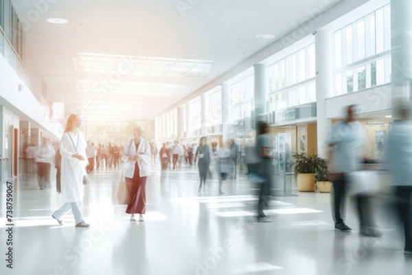 Fototapeta Health Check. abstract motion blur image of people crowd walking at hospital office building in city downtown, blurred background, business center, health care, medical technology concept