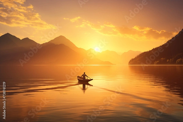 Fototapeta Sailing across serene lake at dawn. Generative AI