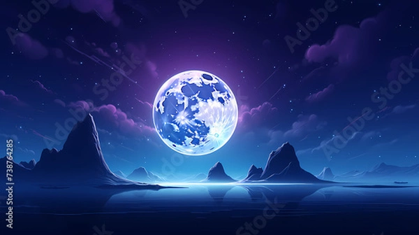 Fototapeta Lunar landscape with full moon in night sky