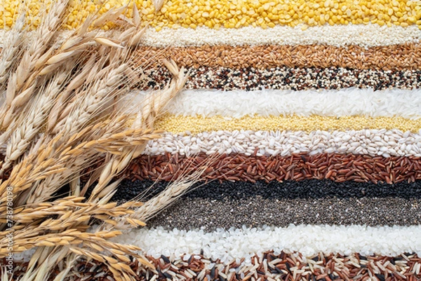 Obraz Dry barley,wheat,and rice ear on various organic cereal and grain seed stripe background. For healthy food and agricultural product concept