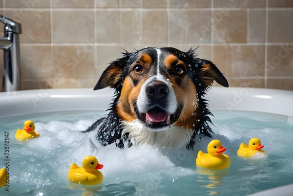 Obraz A dog taking a bath. Generative AI