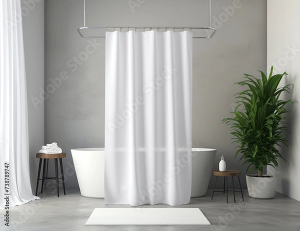 Fototapeta White Shower Curtain Mockup, Front View, elegant minimal modern aesthetic