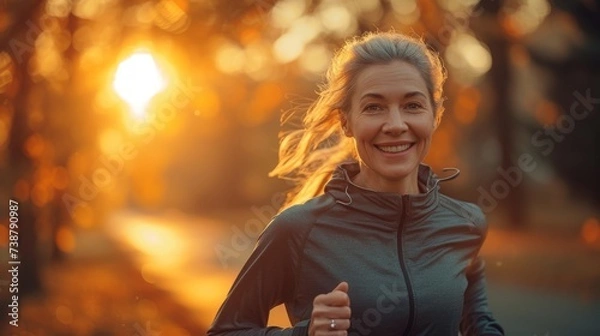 Obraz A smiling woman is jogging in a sunlit forest, exuding health and vitality during golden hour