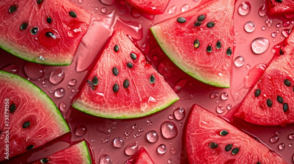 Fototapeta Delicious fresh watermelon slices as background. Top view.
