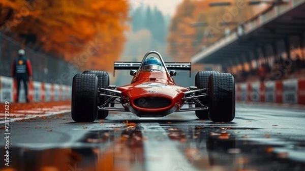 Obraz A vintage red racing car is positioned on a wet track surrounded by autumn foliage
