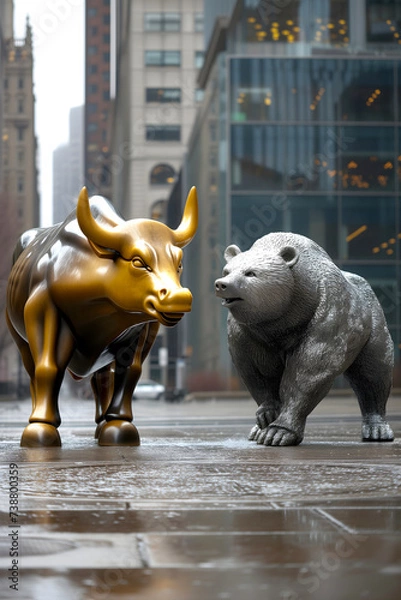 Obraz A golden bull and a silver bear stand imposingly on a wet city street, their stances reflecting the perpetual conflict between bullish and bearish market sentiments