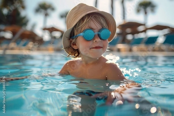 Fototapeta A young child splashes happily in the sun-kissed swimming pool, their face adorned with fashionable goggles and a cute sun hat, creating a picture of carefree joy and stylish fun in the outdoor leisu