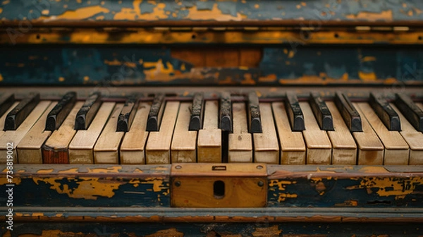 Fototapeta The wear and patina on the keys of an aged piano keyboard are highlighted in a close-up shot.