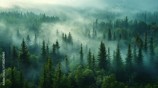Obraz Misty landscape of fir forest in Canada