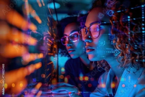 Fototapeta professional women in business meeting digital coding, in the style of futuristic imagery