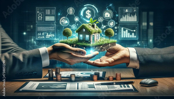Fototapeta Small business owner exchanging loan representation with financial advisor in modern office.