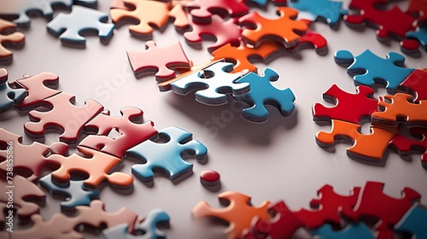 Fototapeta Colorful puzzle background on flat surface, scattered multi-color puzzle pieces