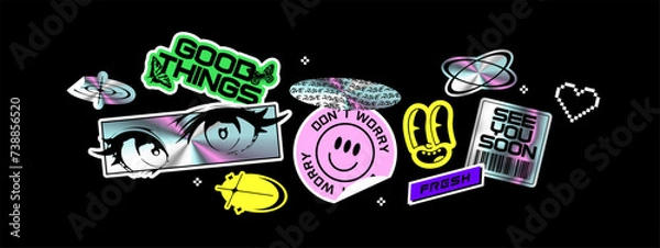 Fototapeta Trendy holographic Y2K sticker illustration set. Retro 2000s text quote label collection. Iridescent metallic texture tag with love heart, anime  cartoon and party message. Gen z cyber style bundle.