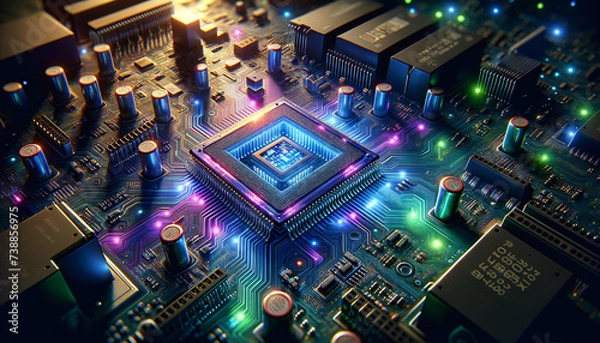 Obraz Vibrant and Intricate Bootloader: Glowing microchip initiating computer system, with circuits and pathways.