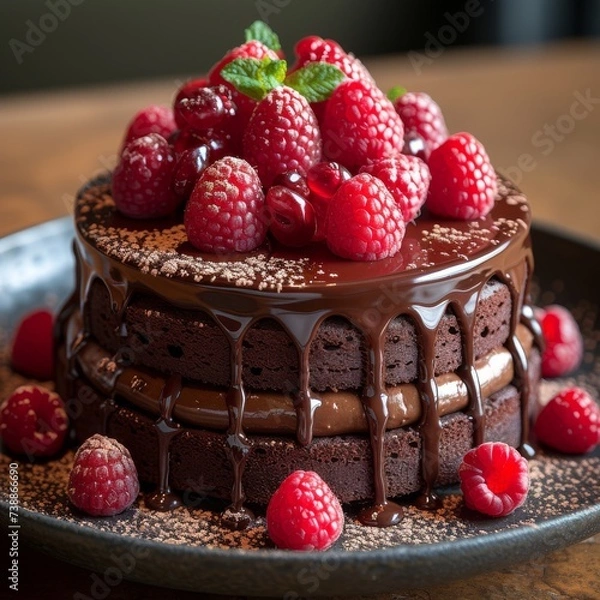 Fototapeta A close-up of a decadent chocolate cake with layers of ganache, adorned with raspberries and dusted cocoa powder, perfect for showcasing indulgent desserts.
