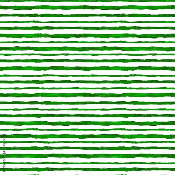 Fototapeta Watercolor hand drawn dark green stripes seamless pattern. Base pattern. Classic pattern. Digital paper. Horizontal stripes on white background. Lines backdrop