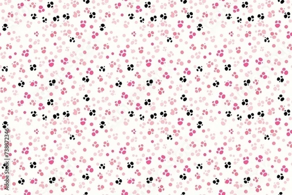 Fototapeta Seamless pattern with black and pink paw prints on a white background