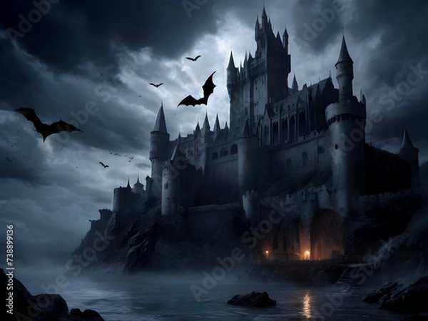 Fototapeta A haunted scary castle house with bats and spiders halloween background misty horror night moon light