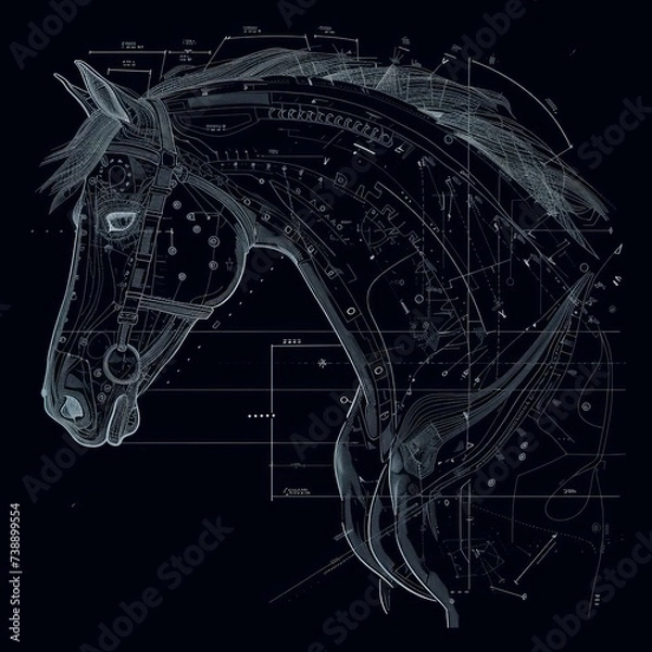 Fototapeta Blueprint Design of Horse Head with Technical Overlay