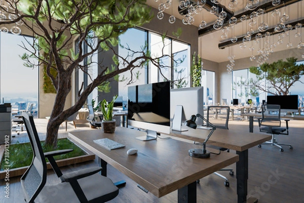 Fototapeta large innovative open space office with tech industry workplaces and greenery; environment friendly contemporary building; 3D rendering