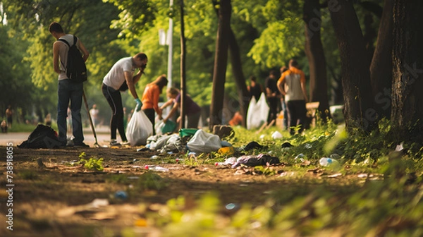 Fototapeta Green Warriors: Man and Group Engaged in a Global Cleanup Initiative. Generative AI