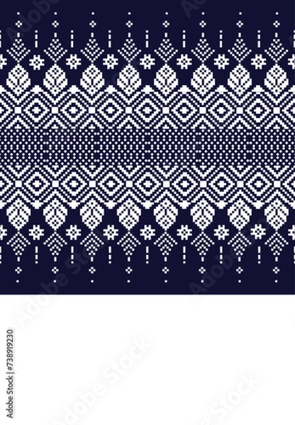 Fototapeta Ancient Thai Cloth Pattern Seamless Background - Traditional White on Navy Blue Fabric Design Traditional Thai Fabric Pattern - Seamless Ancient Thailand Textile Design