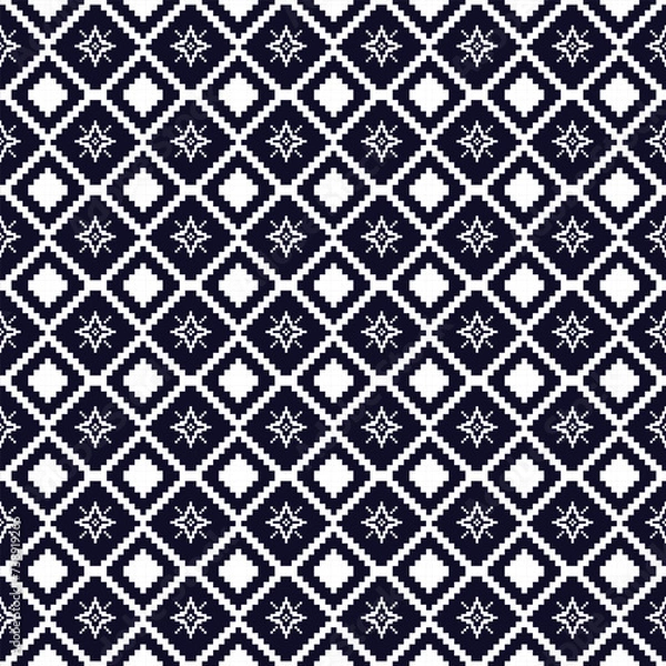 Fototapeta Ancient Thai Cloth Pattern Seamless Background - Traditional White on Navy Blue Fabric Design Traditional Thai Fabric Pattern - Seamless Ancient Thailand Textile Design