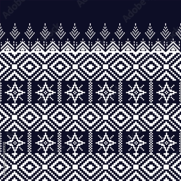 Fototapeta Ancient Thai Cloth Pattern Seamless Background - Traditional White on Navy Blue Fabric Design Traditional Thai Fabric Pattern - Seamless Ancient Thailand Textile Design
