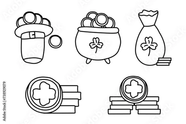 Fototapeta Set of gold coins, cauldron with gold coins in cartoon style