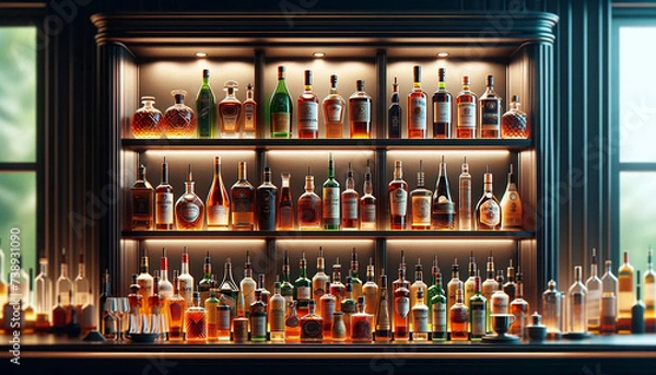 Fototapeta A bar setting, with a close-up view of three horizontal shelves laden with an assortment of liquor bottles wallpaper background