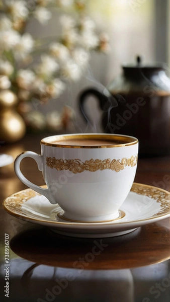 Fototapeta A cup of coffee. Elegant ceramic mug in a luxury room. Selective focus. Free space for text.