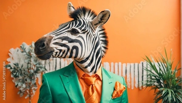 Fototapeta animal friendly zebra concept Anthropomorphic wearing suit formal business suit portrait shot on plain on bright color wall