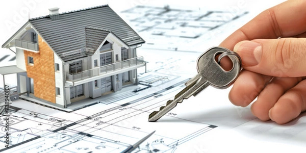 Obraz Sale and purchase of real estate according to the turnkey system symbolically with the illustration of the real estate model on the graphic and positional map