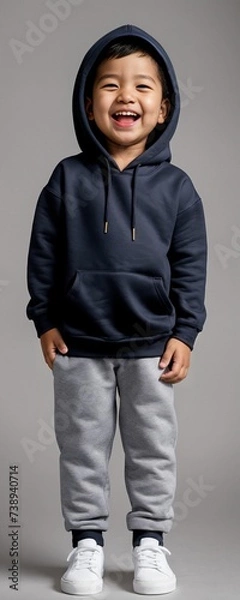 Fototapeta A child model wearing a blank plain hoodie in a studio shot, perfect for mockups or designing custom hoddies as templates
