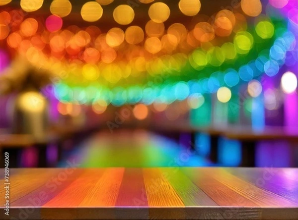 Fototapeta Miami bar background with empty wooden table for product display indoor blurred background colorful rainbow color bokeh lights copy space LGBT pride rainbow flag symbol gays and lesbians LGBT