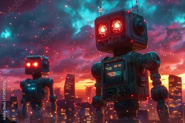 Fototapeta a combination of retro style with futuristic elements, robots in the style of the 80s