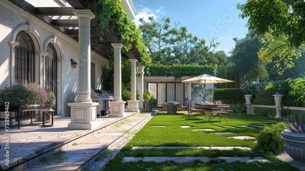 Fototapeta beautiful backyard of a house with grass and barbecue area and daytime footprints in high resolution