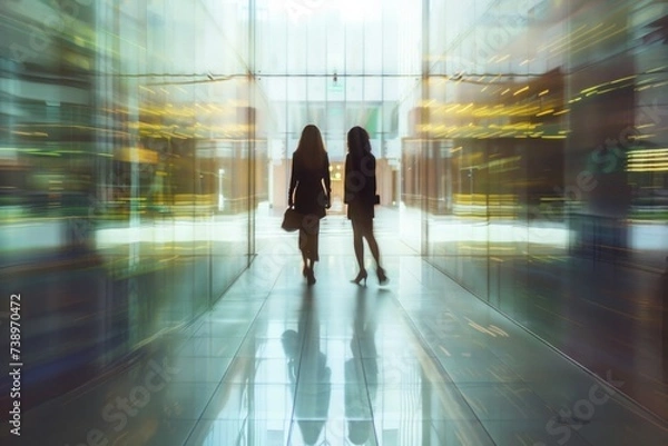 Fototapeta Two businesswomen stride down a modern corporate hallway, their figures captured in motion blur, reflecting the fast pace of city life..