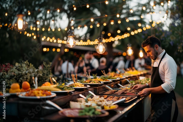 Fototapeta Twilight Catering Elegance with Chef Preparing Feast - Generative AI.