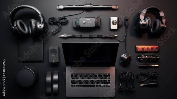 Fototapeta Set up PC computer monitor screen on work desk, seen from above flat lay style, technology background.