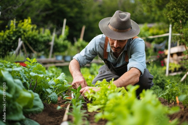 Fototapeta Man in Hat Tending to Garden