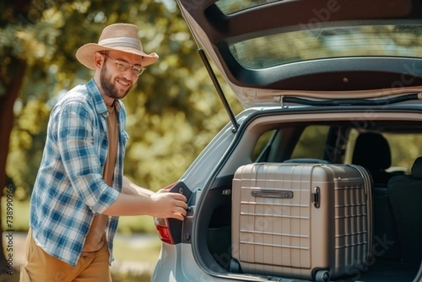 Fototapeta Man wearing a hat and on a sunny day is putting luggage in the trunk of his car. Concept travel, getaway