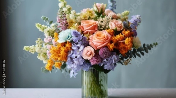 Fototapeta bouquet of fresh flowers with beautiful colors in vase. Banner or background image with beautiful color and flower details