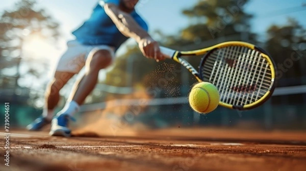 Fototapeta Focused tennis player sliding to hit a backhand on a sunlit clay court during a competitive match.