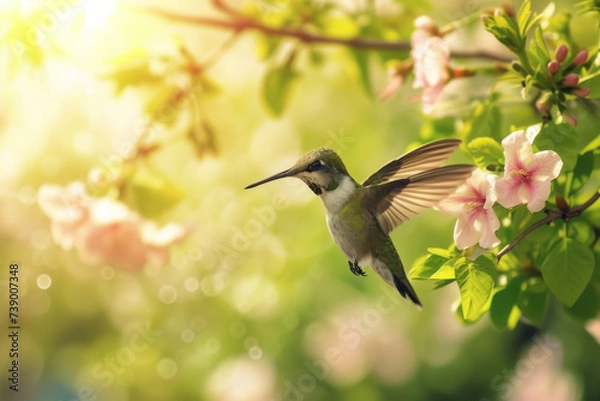 Fototapeta Hummingbirds in spring nature. Background with selective focus and copy space