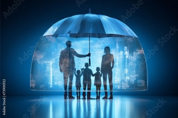 Obraz family members are all safe and secure due to having life insurance with the big glass umbrella as the coverage symbol