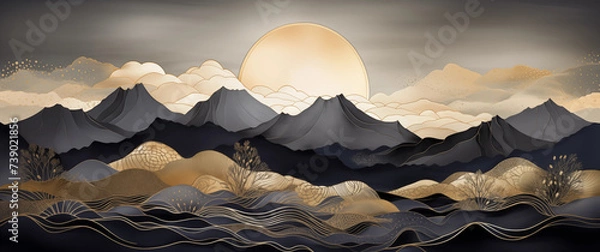 Fototapeta dream background with full moon over mountains, japanese drawing, glowing light in sky, clouds, golden lines waves, yellow black grey soft, imaginary magic dreamlike fantasy, fairy tale landscape