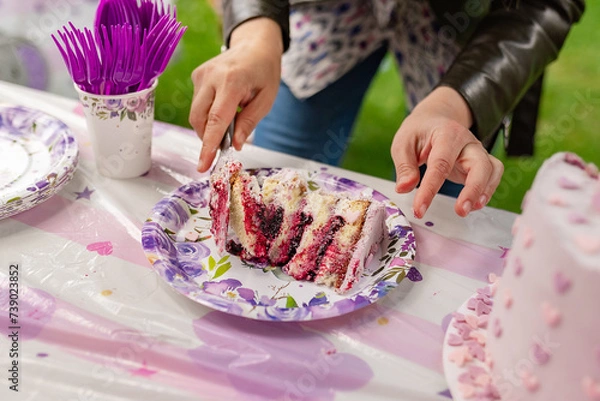 Fototapeta Beautiful cake with pink decor mastic for the birthday of a little girl. Candy bar. Baby shower. Gender Party theme with elephant. Festive background decoration with cake and hearts.